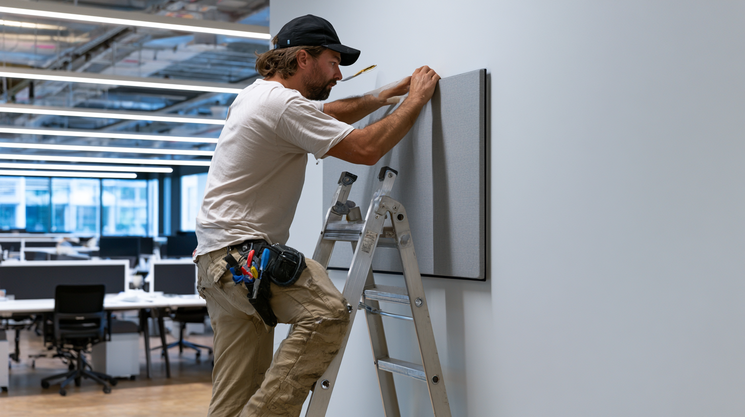 Worker mounting a fabric-wrapped acoustic panel on an office wall